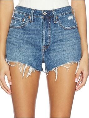 Levi's 501 Medium Blue Distressed Frayed-Hem Denim Shorts